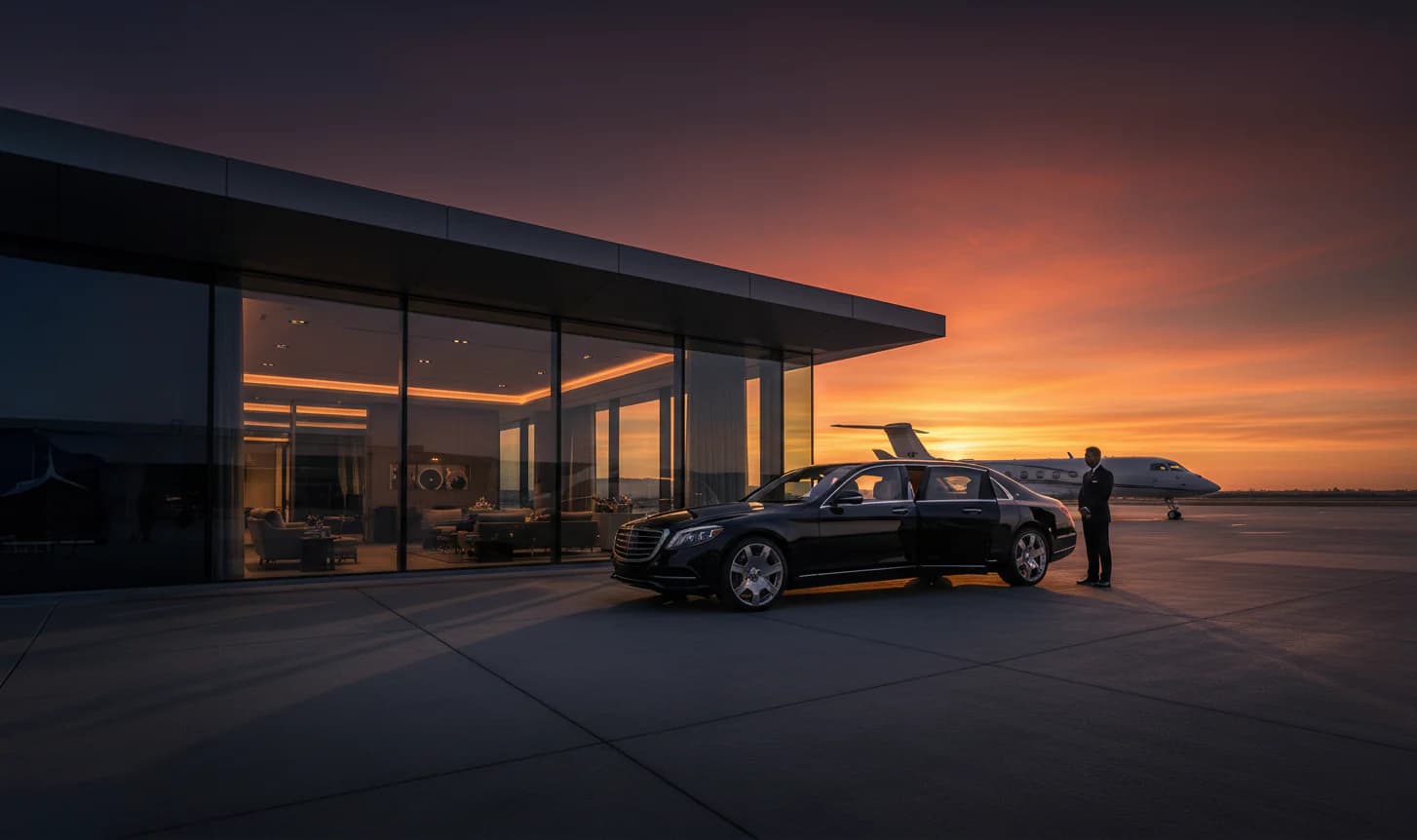 Premium car meeting guests at a private aviation terminal